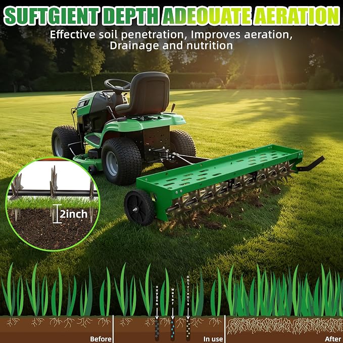 48" Spike Aerator Tow Behind, Lawn Aerator Tow Behind with Universal Hich, Green Galvanized Steel and Includes a Pallet Capable of Supporting 280 Pounds, Pull Behind Aerator for Garden, Farm and Lawn