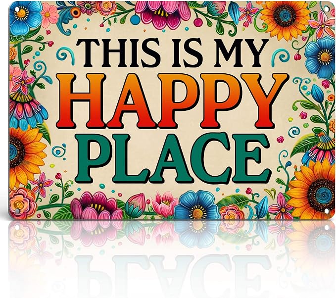 Garden Decor Welcome Sign for Patio She Shed Decor - Outdoor Wall Decor Art Garden Signs, This Is My Happy Place Welcome Door Sign 12x8 Inch