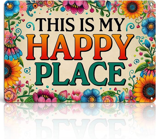 Garden Decor Welcome Sign for Patio She Shed Decor - Outdoor Wall Decor Art Garden Signs, This Is My Happy Place Welcome Door Sign 12x8 Inch