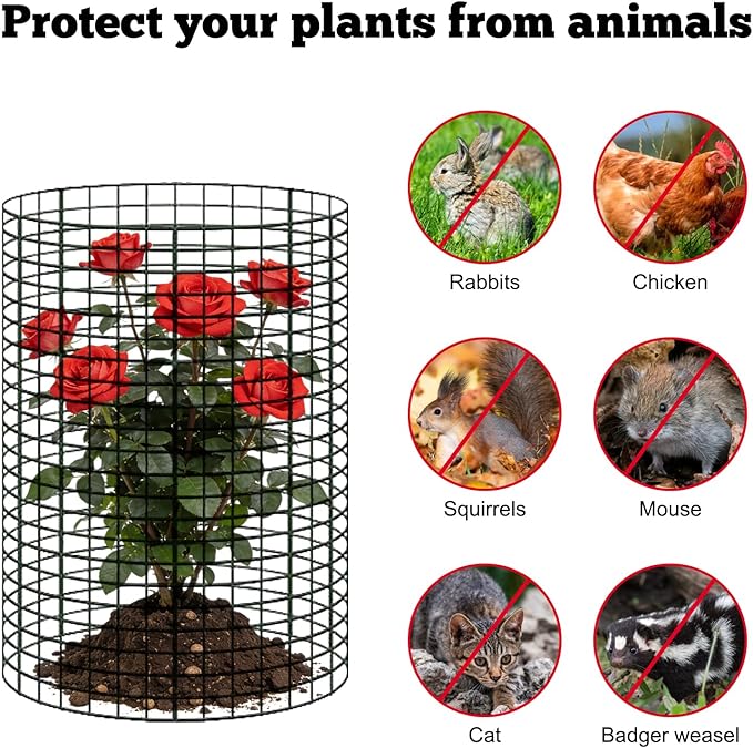 18 Pcs 24'' x 12'' Large Wire Plant Protector from Animals 6 Pack Metal Plant Cage Chicken Wire Cloche with Nylon Tie and Ground Stakes Keep Animals Out Garden Protection Bunny Barricade