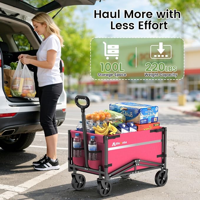 Blomoba Collapsible Wagon Cart, 220LBS Heavy Duty Collapsible Wagon with All-Terrain Wheels 360° Rotation, Flexible Handle, Portable Utility Cart for Grocery Sports Garden Shopping Camping Beach, Pink
