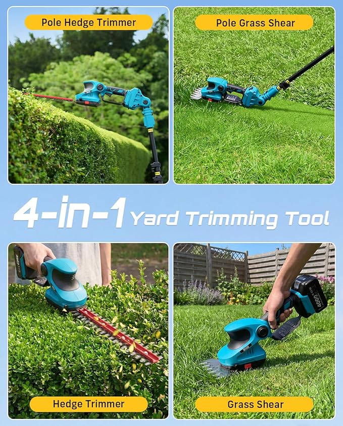 SEESII 4-in-1 Cordless Pole Hedge Trimmer: 20V 9-Ft Telescoping Shrub Trimmer & Grass Shear, 12" & 6'' Dual-Action SK5 Blades, 2 x 4.0Ah Batteries, Shoulder Strap for Tall Hedges & Lawn Edging