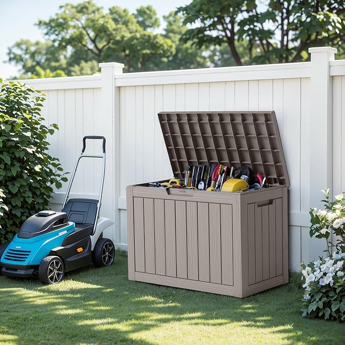 EasyUp Outdoor Storage Box, Waterproof Resin Deck Box, Reinforced Stability UV-Resistant for Patio, Garden and Poolside (Striped Beige, 45 Gallons)