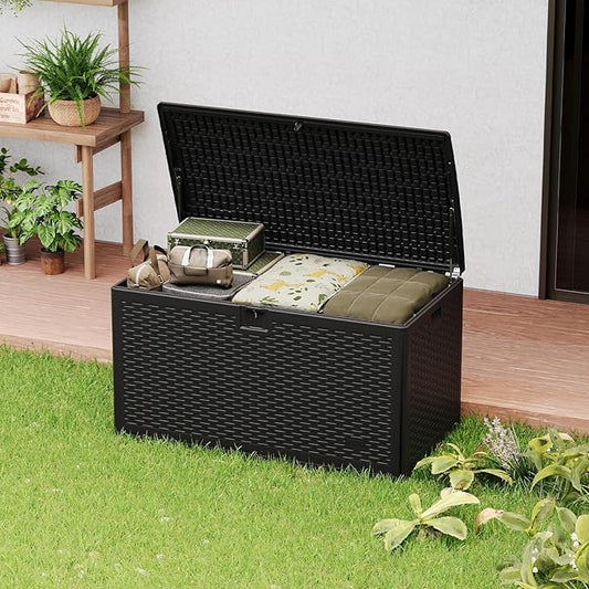 Outdoor Storage Box, 73 Gallon Large Resin Deck Box with Lid, Waterproof & UV-Resistant for Furniture, Outdoor Cushion Storage, Garden Tools & Pool Accessories Storage, Black