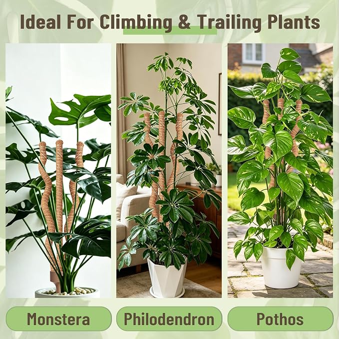 3-in-1 Moss Pole, Bendable Monstera Plant Support, 30Inch Moss Poles for Climbing Plants, Plant Stakes for Indoor Plants, Plant Support for Monstera, Pothos - 2 Pack