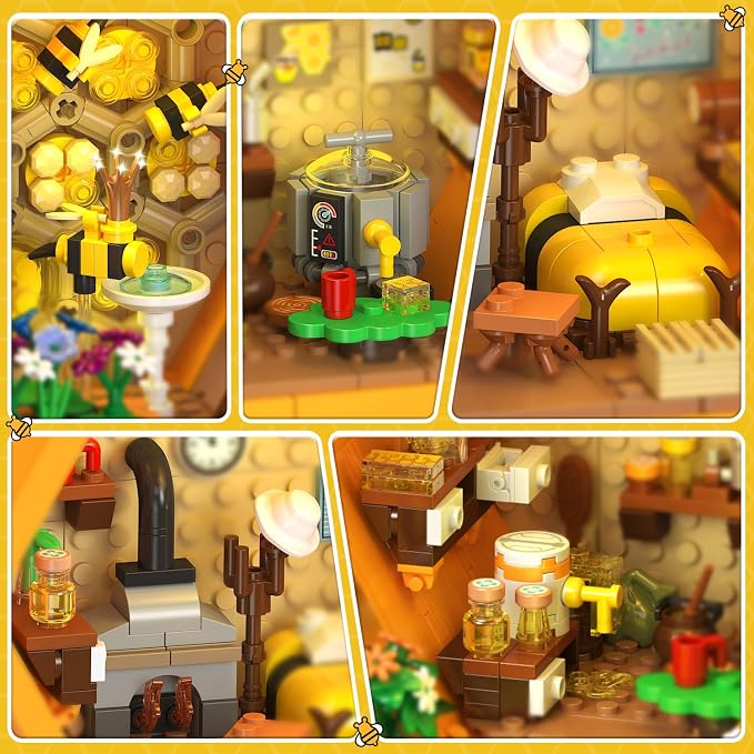 INSOON Bee Farm House Building Set with Light, 1773PCS Honey Cabin Building Block Toy with Flower Botanical Animals, Home Decor Treehouse Construction Model Kit, Gift for for Adults Boys Girls 12+