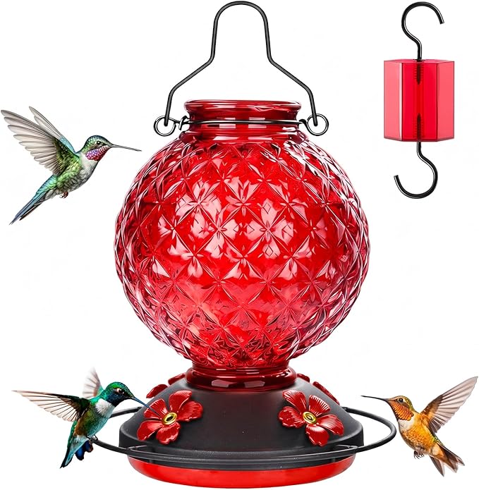 25 OZ Glass Hummingbird Feeder for Outdoors, Leak Proof Hummingbird Feeder with Ant Moat, 4 Bee Resistant Feeding Ports, Easy Clean Wide Mouth Design, 360° Perch, Hanging Nectar Feeder, Red