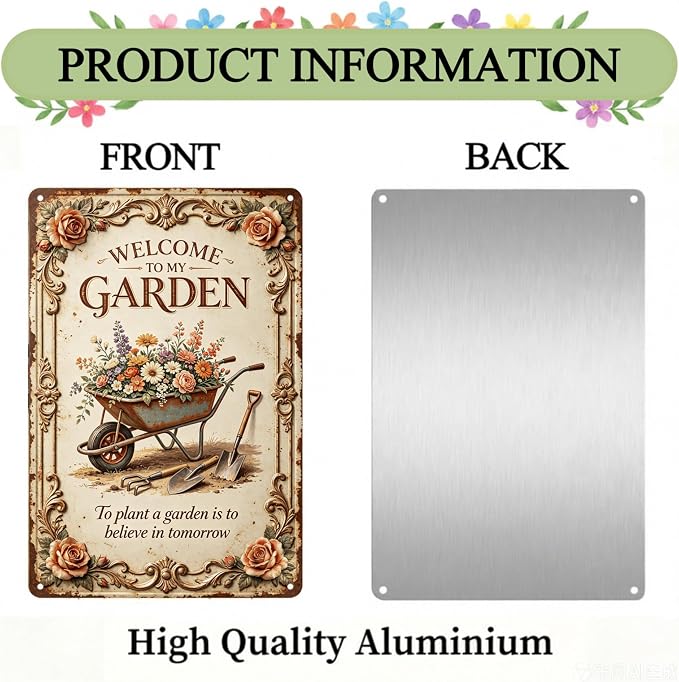 2D Flat Funny Garden Signs, Welcome to My Garden Vintage Outdoor Wall Decor for Patio Yard Greenhouse Home, Waterproof Garden Gifts 8x12 Inch