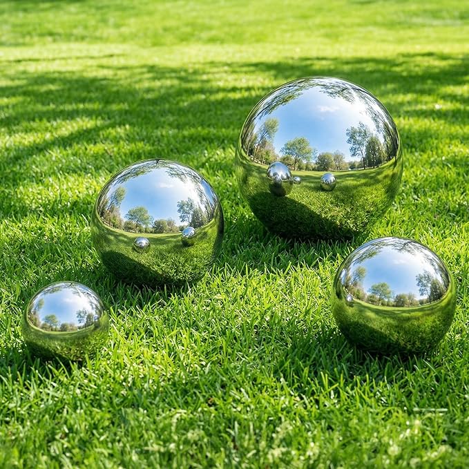 yarlung 10 Pack Stainless Steel Gazing Balls, 50-150 mm Garden Mirror Globe Floating Pond Sphere, Silver Polished Hollow Ball Reflective Ornament for Home Yard Outdoor Lawn Decoration