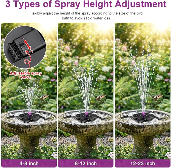 Solar Fountain Pump with 2000mah Battery & Works in Cloudy Day, Glass Solar Water Fountain with 10 LED Lights, 7 Nozzles and 3 Spray Height Adjustment, Solar Bird Bath Fountains for Garden, Pool, Pond