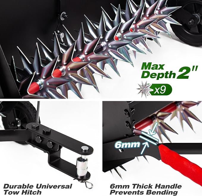 Suchtale Upgrade 40-Inch Tow Behind Spiker Seeder,Combination Tow Spike Aerator,Broadcast Spreader,Steel Hopper Lawn Drop Seed Fertilizer and Spreader,Lawn Soil Aerator Spikes Tractor