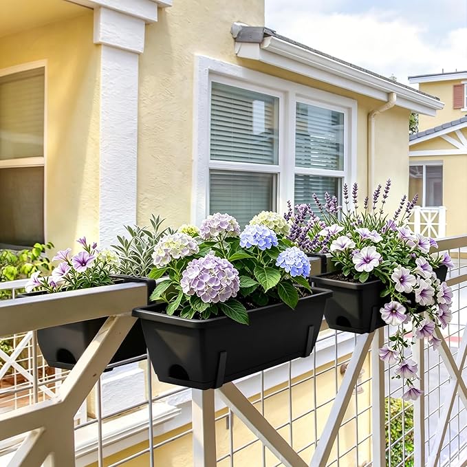 Sunexinlo 4-Pack Railing Planter Boxes with Double-Sided Adjustable Brackets, Plastic Rectangular Flower Boxes with Drainage Holes and Trays for Outdoor Balcony, Deck, Patio, Porch, Fence, Black