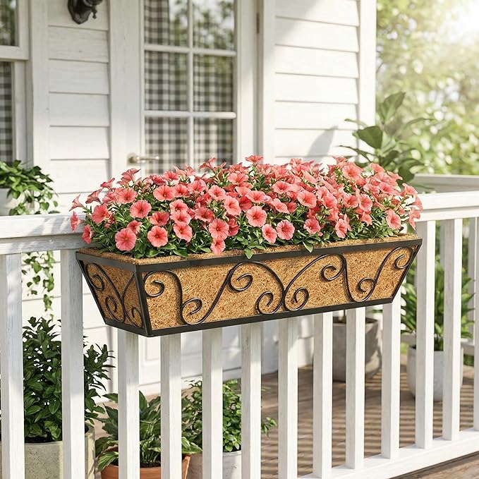 Y&M Railing Planter Boxes 24 Inch 2 Pack, Window Box Planters for Outdoor Plants, Adjustable Hanging Balcony Planters with Coco Liner for Railing, Deck, Porch