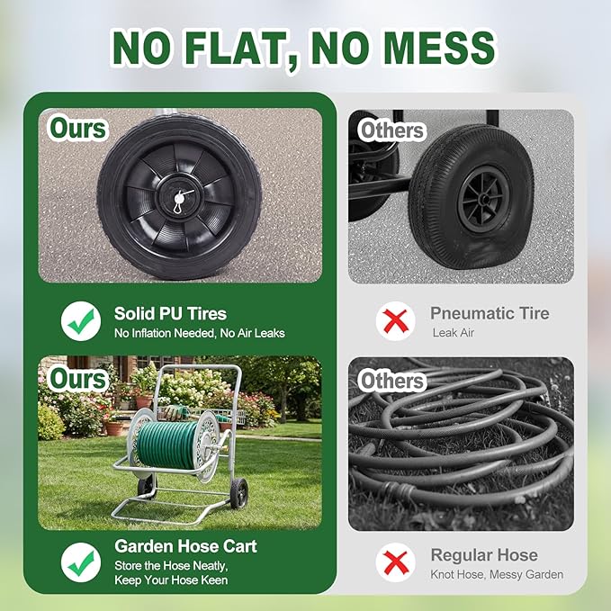 Outvita Garden Hose Reel Cart, Heavy Duty Water Hose Cart for Outside, Lawn Watering, for Garden, Yard, Lawn, Farm, Hold Up to 200 ft of 5/8’’ Hose, 2 PU Wheels, Storage Basket (Silver)