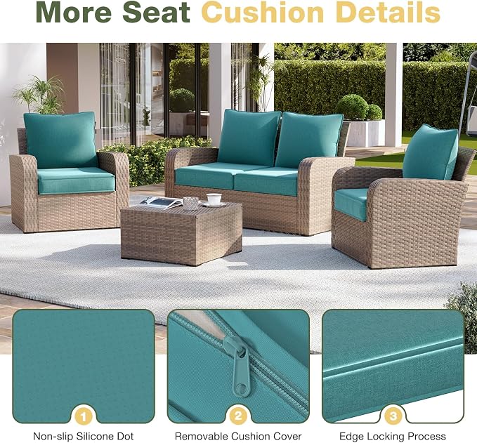 Aoxun Replacement Cushions for Outdoor Furniture, 4-Piece Outdoor Cushions for Patio Furniture, Deep Seat, Waterproof & Fade Resistant Couch Cushion for 4-Seat Patio Conversation Sets, Sky Blue