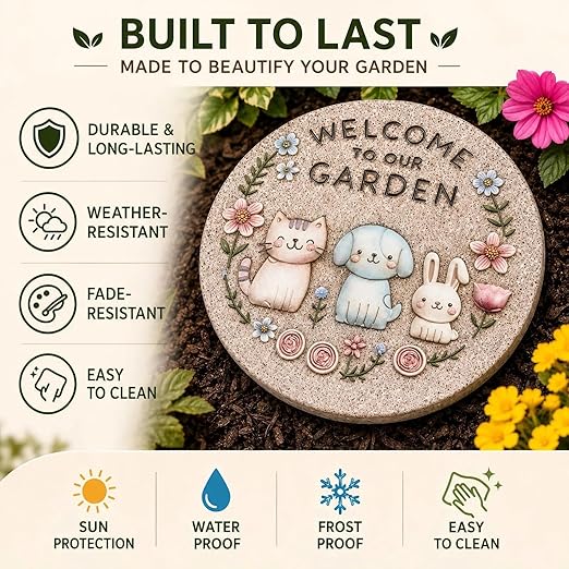 Garden Stepping Stones Outdoor, 9.8" Resin Pet Cat Dog Bunny Stepping Stone for Walkway Gardening Gifts, Spring Decorative Round Welcome to Our Garden Home Decor for Outside Yard Patio Lawn