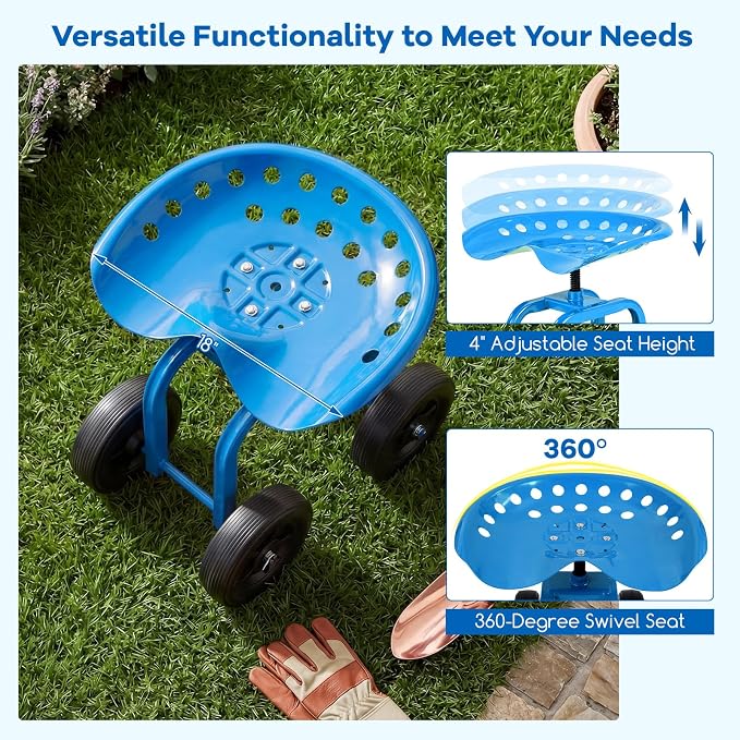 IRONMAX Garden Cart with Seat, Gardening Rolling Stool Scooter with Wheels & Ergonomic Seat for Planting, Wheeled Outdoor Gardening Work Seat for Patio, Yard, Garden (Blue)