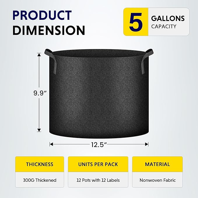 iPower 12-Pack 5 Gallon Grow Bags Heavy Duty Thickened Aeration Nonwoven Fabric Pots with Nylon Handles and 12 Labels for Planting Vegetables, Fruits, Flowers, Black