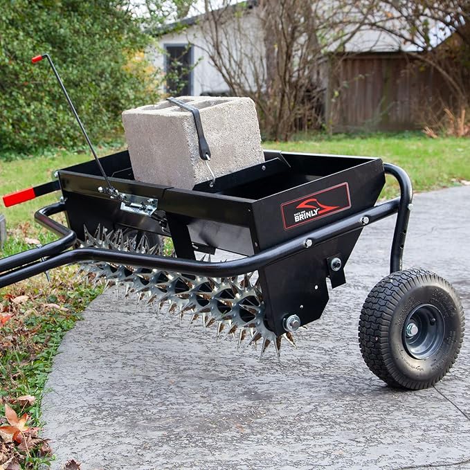 Brinly Tow Behind Combination Aerator Spreader with Weight Tray, 40-Inch, Flat Black