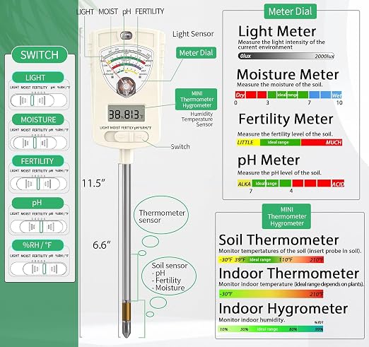 Soil Test Kit, 7-in-1 Soil Moisture Meter, Dual Screen Soil Tester, Moisture/pH/Temperature/Sunlight/Air Humidity/Fertility, Perfect for Farming, Gardening, Lawns, Outdoor-Lvory White