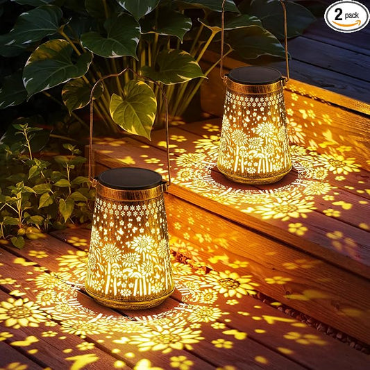 2 Pack Solar Lanterns Outdoor Waterproof Birthday Gifts for Women Mom Grandma, Hollowed-Out Metal Sunflower Hanging Solar Lantern Lights Outdoor Decor, 2 Lighting Modes for Yard, Patio