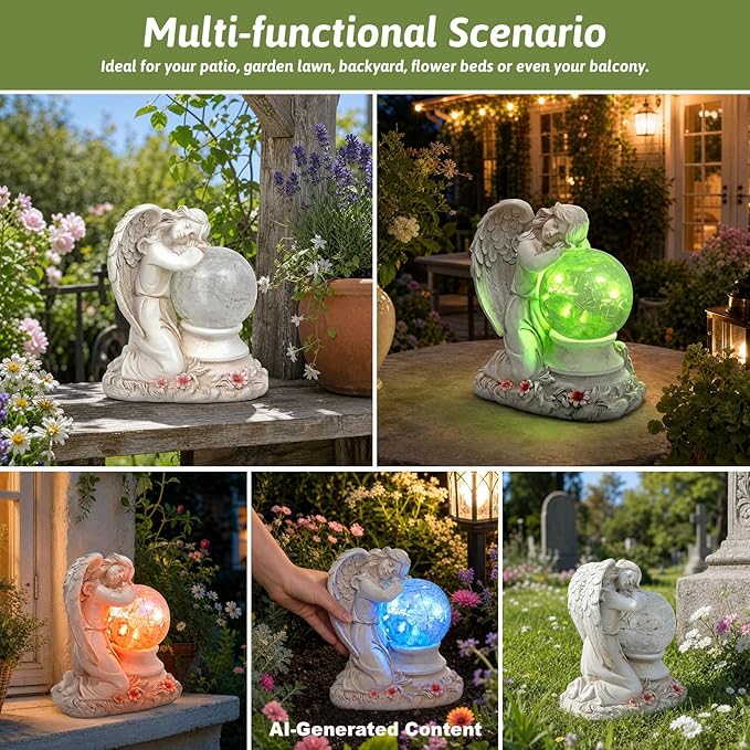 Solar Angel Garden Statue Outdoor, Memorial Angel Figurine with Crackle Glass Ball Resin Garden Decor for Patio Lawn Yard Porch, Gifts for Mom Grandma Women
