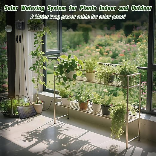 Solar Automatic Drip Irrigation Kit System, 12 Timer Settings Garden Irrigation System, Self Watering Devices for Plants, Raised Beds, Greenhouse, Travel, IP44 Waterproof (10 Pots)