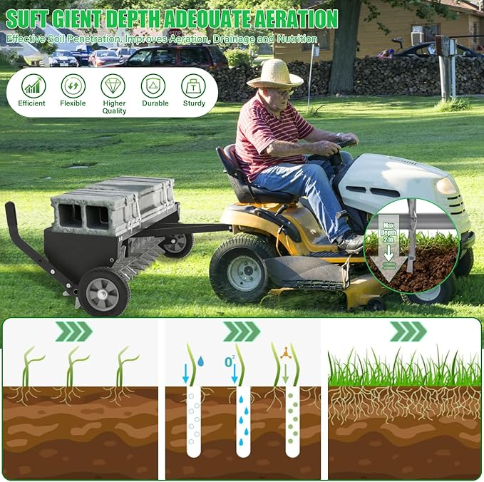 Doniks 40" Tow Behind Plug Aerator with Transport Wheels, Lawn Aerator Tow Behind with Galvanised Steel Tines and Extra-Wide Tow Bar, Pull Behind Aerator for Gardens, Lawns, Farms
