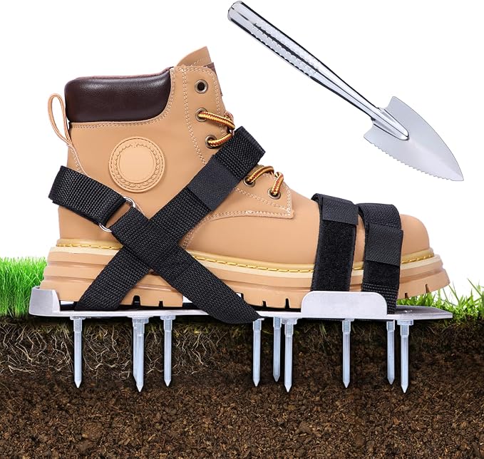 Ohuhu Lawn Aerator Shoes for Glass: Free-Installation Aeration Shoes with Stainless Steel Shovel, Heavy Duty Spike Aerating Sandals Lawn Equipment Tool (Aluminum)