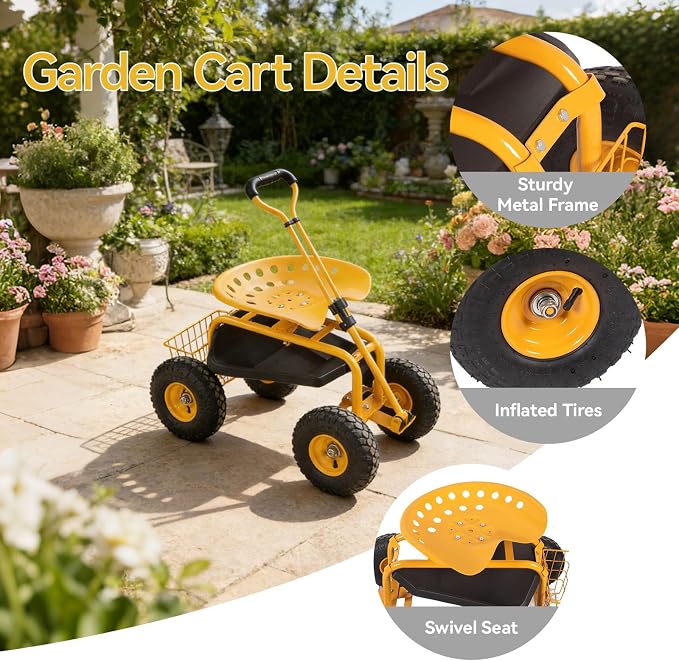 Rolling Garden Cart - Outdoor Workseat with Wheels, Heavy Duty Garden Tool Cart with Storage Bracket and Tool Tray for Yard, Planting Gardening Work (Yellow)