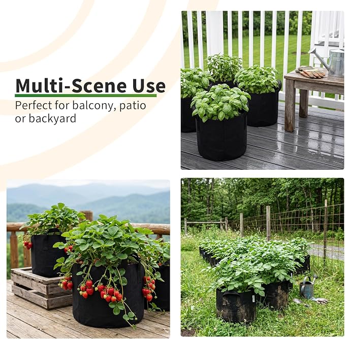 Hoikwo Black Grow Bags 8-Pack, 2 Sets Each of 3 5 7 10 Gallon Fabric Pots with Handles, Duty Cloth Pots for Plants