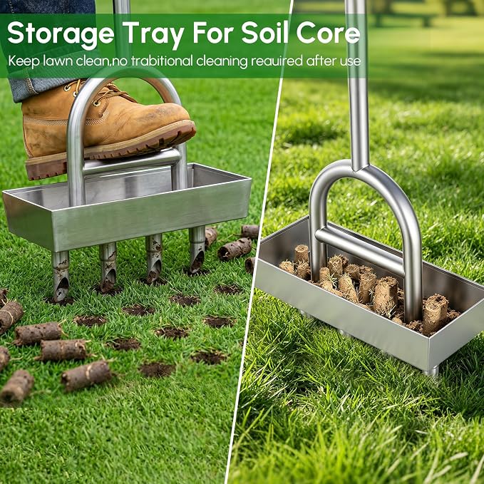 Lawn Coring Aerator, Manual Lawn Aerator Tool with 4 Stainless Steel Plug Corer, Pre-Assembled Grass Aerating Tool with Soil Core Storage Tray for Yard Garden Compacted Soil & Lawn Care