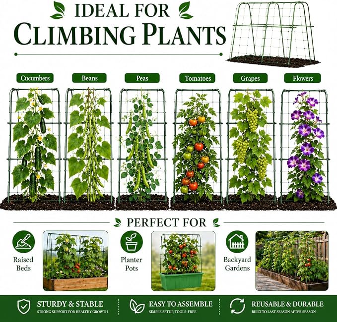 FOLLOOK Cucumber Trellis for Raised Garden Bed, Rustproof Metal Garden Arch Trellis for Climbing Plants Support Outdoor Fruit Grape Vine Vegetable Tomato Pole Bean Snap Pea Trellis, 48x48inch, Green
