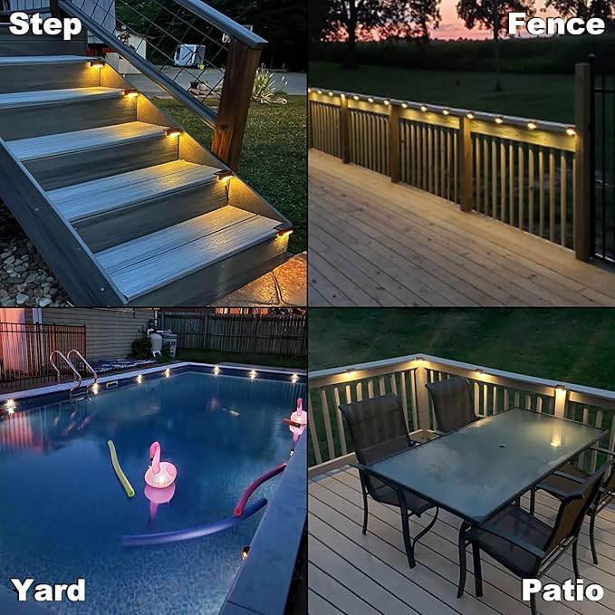 DenicMic 16 Pack Solar Deck Lights Outdoor Waterproof 4000K Warm White LED | Step Fence Patio Yard Stair Railling Pool Side Balcony Front Porch Outside Deck Lighting Decorative 5 Lumen ABS Brown Shell