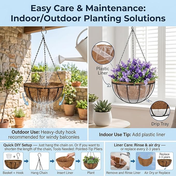 Kingbuy 8" Metal Hanging Basket for Small Succulents & Herbs – 5" Depth Rust-Resistant Wire with Coconut Liner & Chain for Kitchen Window, Balcony & Small Spaces - 1 Pack