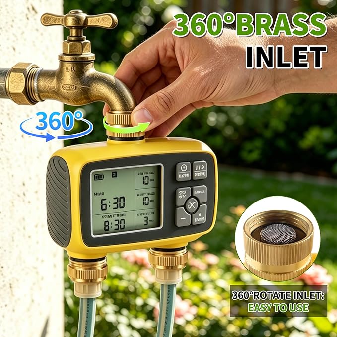 Boltigen Upgraded Brass Sprinkler Timer-2 Zone Water Hose Timers with Metal Inlet & Outlet-Waterproof & Programmable Design Timer Rain Delay & Manual Watering, for Outdoor Garden Irrigation Lawn Yard