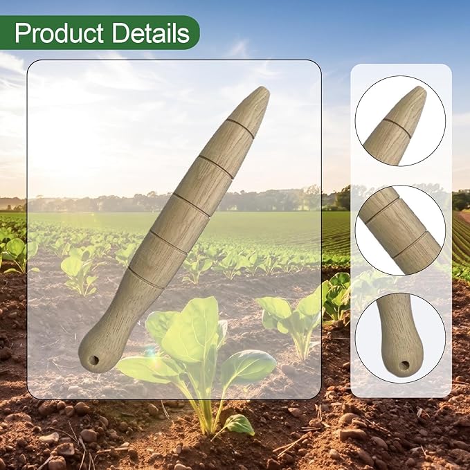Wooden Seed Dibber with Measurement Handheld Ergonomic Round Handle Quick Efficient Seed Planter Tool Tapered Gauge- Beige