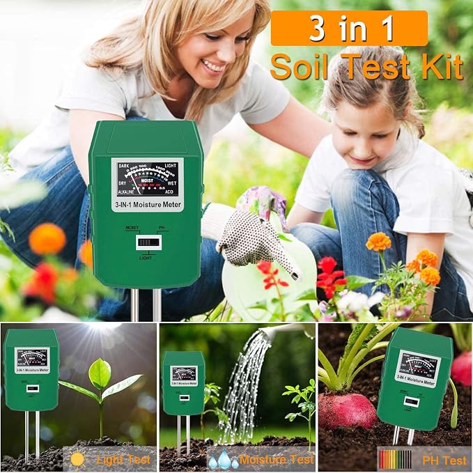 Soil Test Kit for Moisture, pH& Sunlight Meter,3 in 1 Soil Tester for Plant, Vegetables, Garden, Lawn, Farm, Indoor/Outdoor Use (No Battery Need) (Green 2.0)