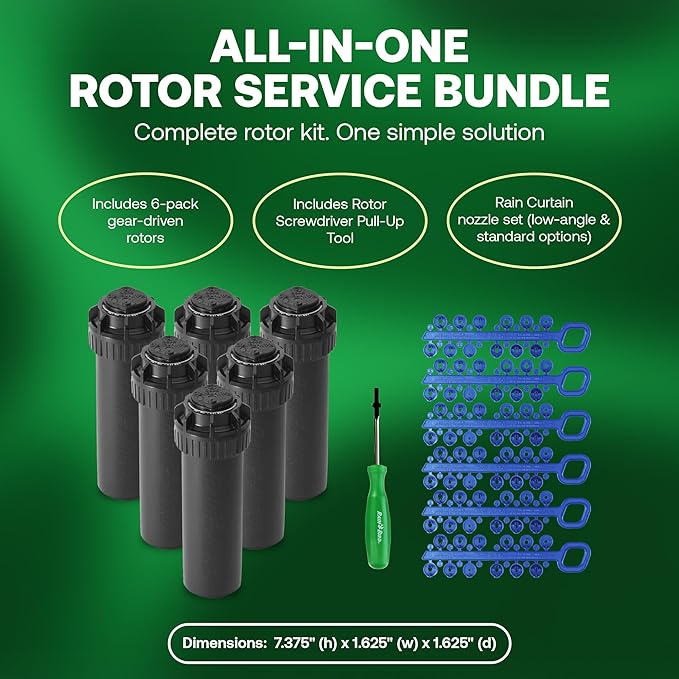 Rain Bird 5000 Rotor with Nozzle Tree 6 Pack (5000RCTREE) + Rotor Screwdriver Tool (CPRTOOL) - 3/4 inch Inlet for Water Efficient 4 inch Pop Up, Adjustable 40 - 360 Degree Arc & 25 - 50 ft Radius