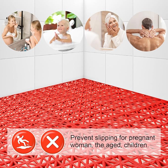 MYFAMIREA Modular Interlocking Cushion 12 Pack 11.8" x 11.8" Rubber Floor Tiles Non-Slip Splicing Drainage Mats for Deck, Pool, Outdoor Shower, Patio, Balcony, Indoor Bathroom, Kitchen, Yard (Red)