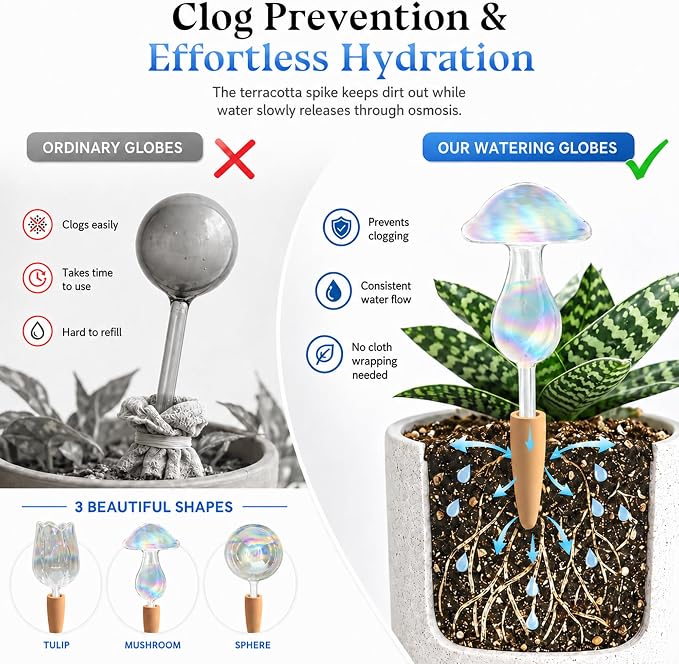 HyJeryty Non-Clogging Iridescent 3 Pack Mushroom Plant Watering Globes with Terracotta Spikes, Hand Blown Glass Self Watering Planter Insert Plant Watering Devices Bulbs for Indoor and Outdoor Plants