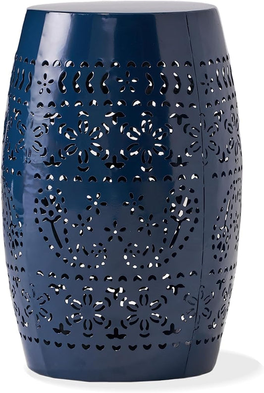 Outdoor 12" Iron Side Table, Outdoor Side Tables End Tables, Anti-Rust Metal Round Hollow Drum Garden Stool Plant Stand Indoor Iron Accent Table for Patio Deck Porch Living Room Bedroom
