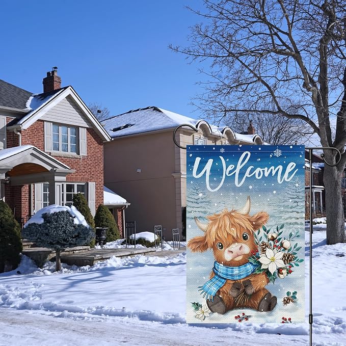 Heyfibro Welcome Winter Highland Cow Garden Flag 12x18 Inch Double Sided Burlap, Christmas Flower Pine Snowflake Snow Yard Flags for Seasonal Xmas Outside Outdoor Decoration (ONLY FLAG)