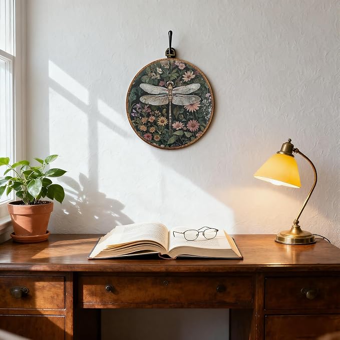 DOFQZ Vintage Boho Floral Dragonfly Round Wall Art Decor, Dark Cottagecore Wildflower Framed Wall Art, Rustic Botanical Dragonfly Canvas Wall Hanging Decor for Home Bedroom Living Room, 10x10