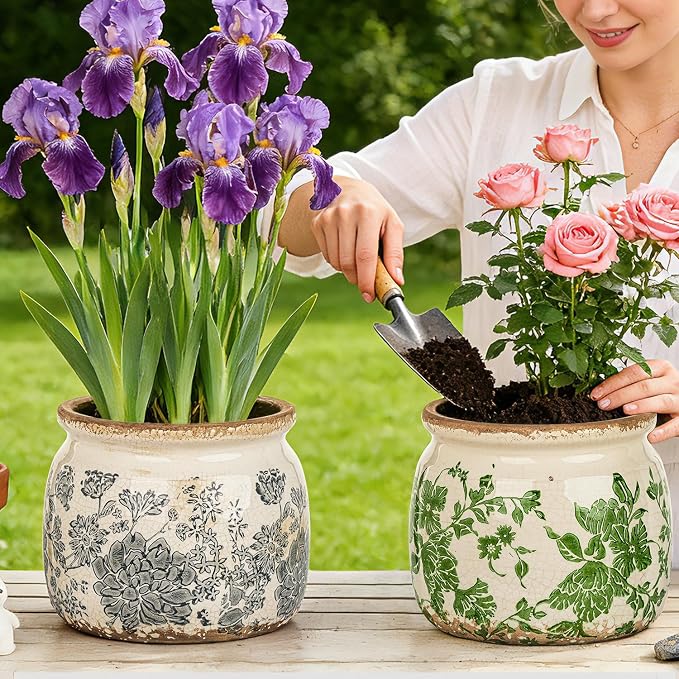 Sungmor Set of 2 Farmhouse Ceramic Planters with Drainage Hole,Vintage Crackle Glaze Flower Pots, Tuscan Decor Pots for Indoor/Outdoor Herbs,Succulents and Small Flowers