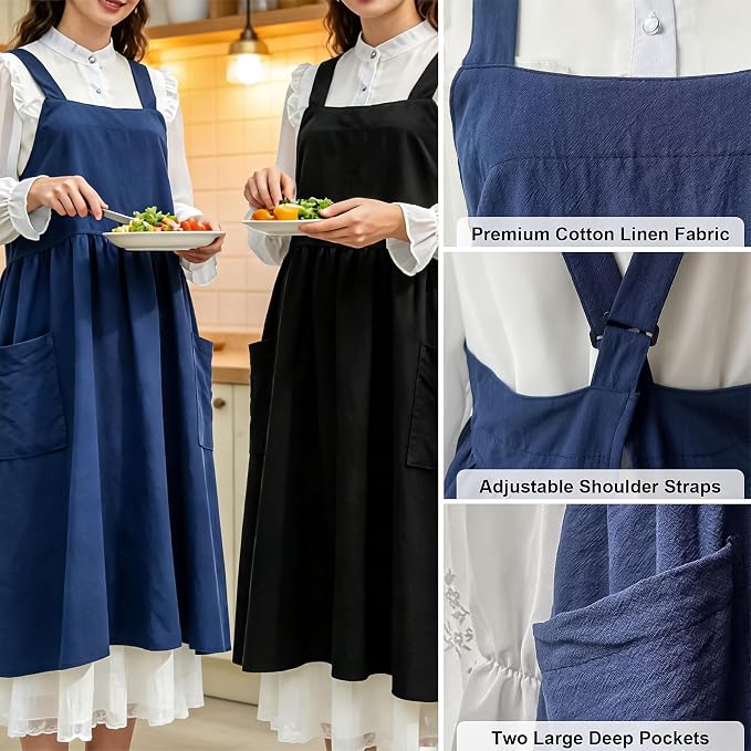 Uaussi Cotton Linen Apron Cross Back Work Apron for Women with Pockets Pinafore Dress X Cross Halter Apron for Chef Gardening