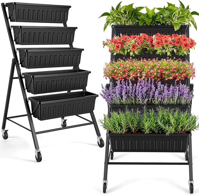 TEANDE 2 Pack Vertical Raised Garden Bed with Wheels, 5-Tier Elevated Planter Box w/Drainage System & 4 Hooks for Herbs Vegetables Flowers, Vertical Garden Planter for Patio Yard Indoor Outdoor
