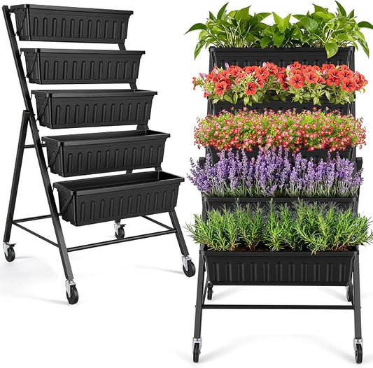 TEANDE 2 Pack Vertical Raised Garden Bed with Wheels, 5-Tier Elevated Planter Box w/Drainage System & 4 Hooks for Herbs Vegetables Flowers, Vertical Garden Planter for Patio Yard Indoor Outdoor