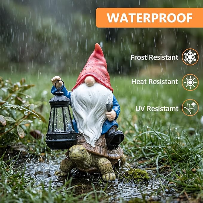 Solar Garden Gnome Statue with LED Lantern, Funny Gnome Riding Turtle Outdoor Decor for Yard Patio Lawn Balcony Porch, Waterproof Resin Gnome Figurine Home Decoration, Gifts for Women Mom Grandma