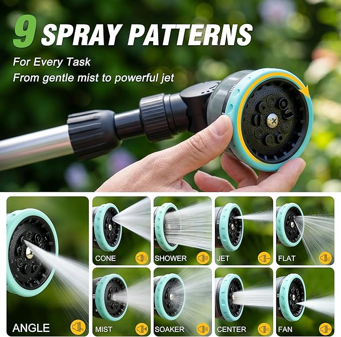 Telescoping Watering Wand 37-55 Inch, 9-Pattern Heavy Duty Garden Hose Nozzle with Pivot Head and Thumb Flow Control, Metal Extendable Wand for Hanging Baskets Shrubs Car Washing